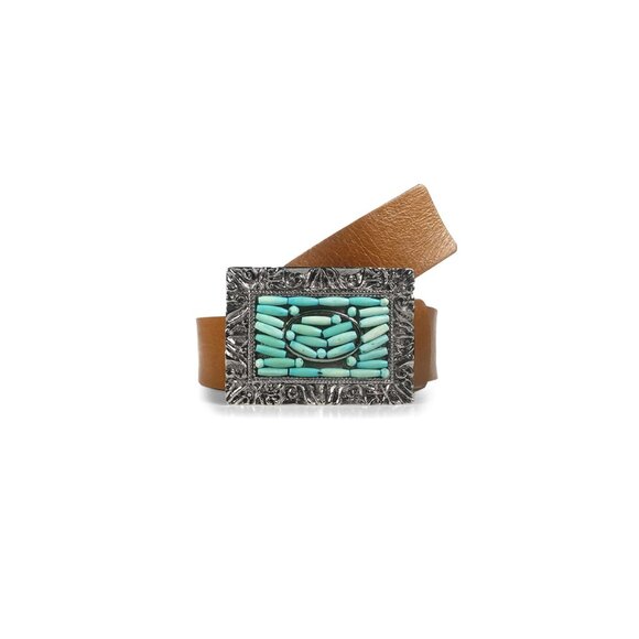 New STREETS AHEAD Belt Turquoise Beaded Brown Leather Belt  SZ Large USA main image 4